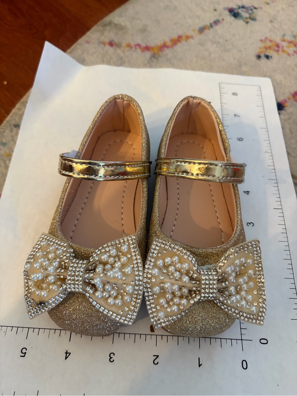 Girls Gold Pearl Bow Mary Jane Flats 5.5